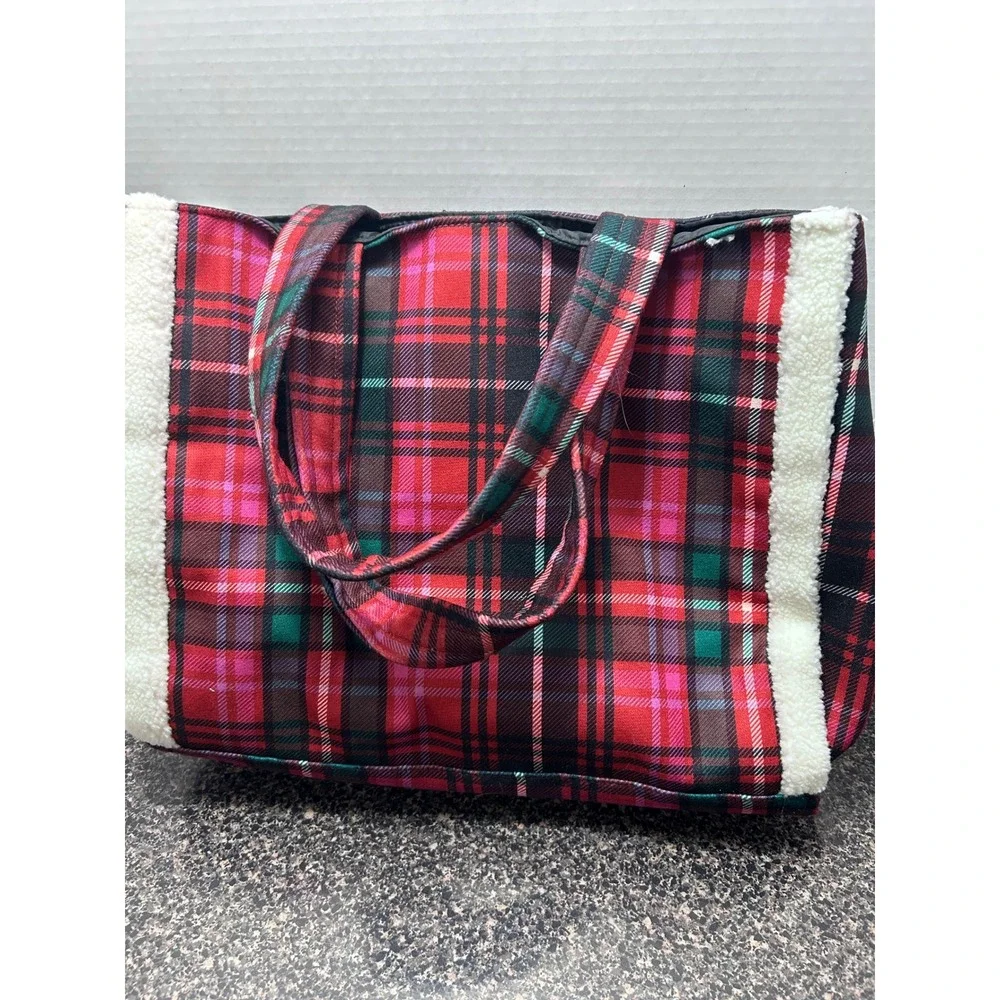 Victoria's Secret Plaid Sherpa Trim‎ Tote Bag VS Logo Holiday Cozy